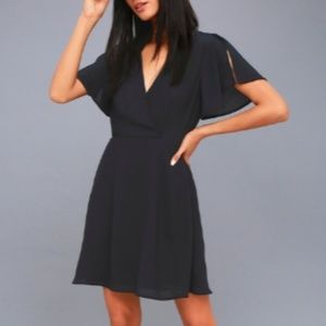 Navy Short Sleeve Plunge-neck Skater Dress